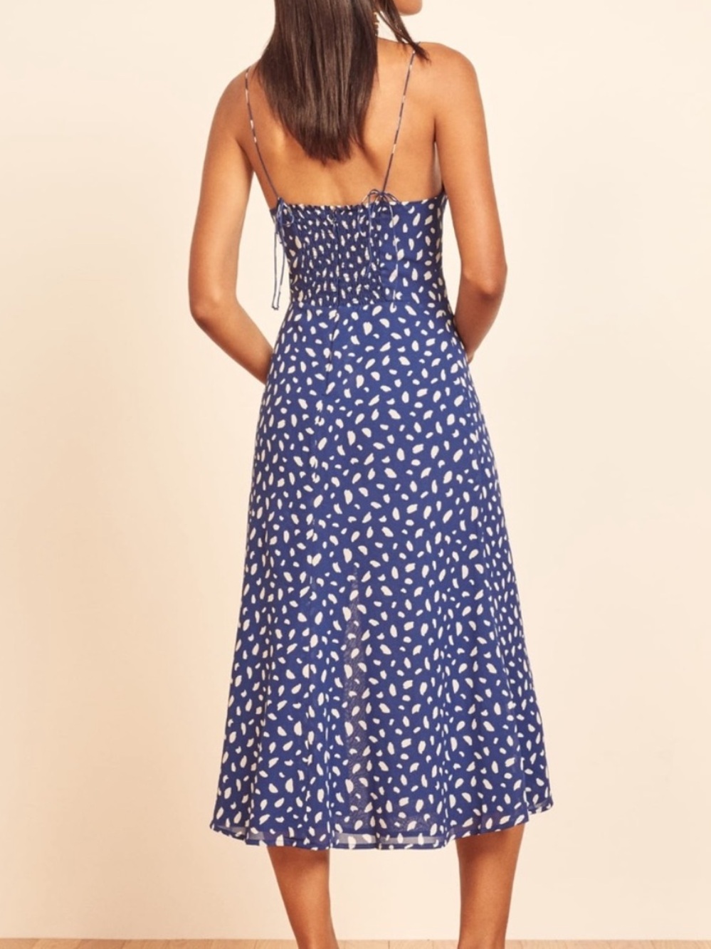 Reformation Juliette Midi Dress in Spotted Navy 0 - Picture 2 of 8